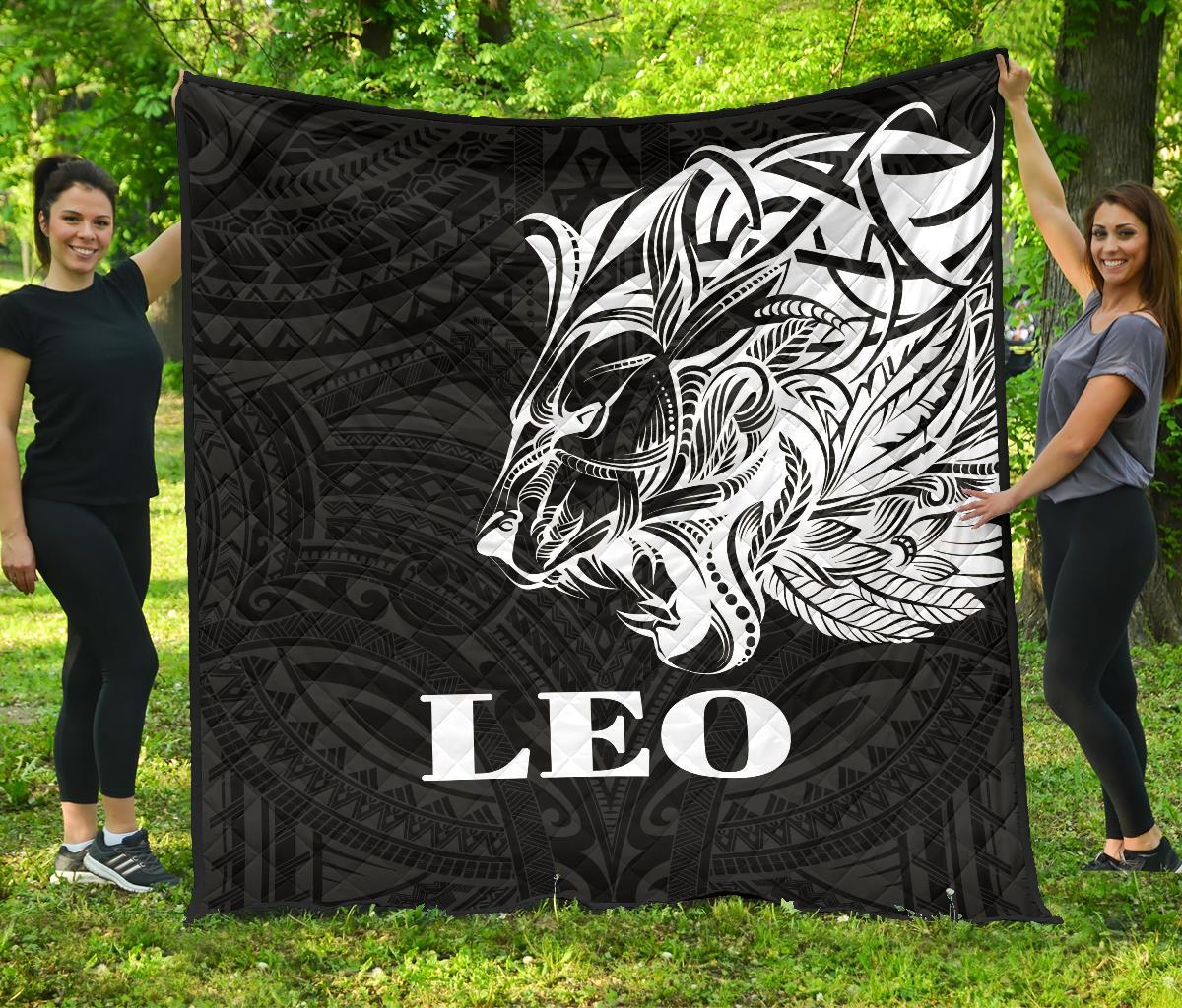 Sun In Leo Zodiac Premium Quilt Polynesian Tattoo Simple - White Black - Polynesian Pride