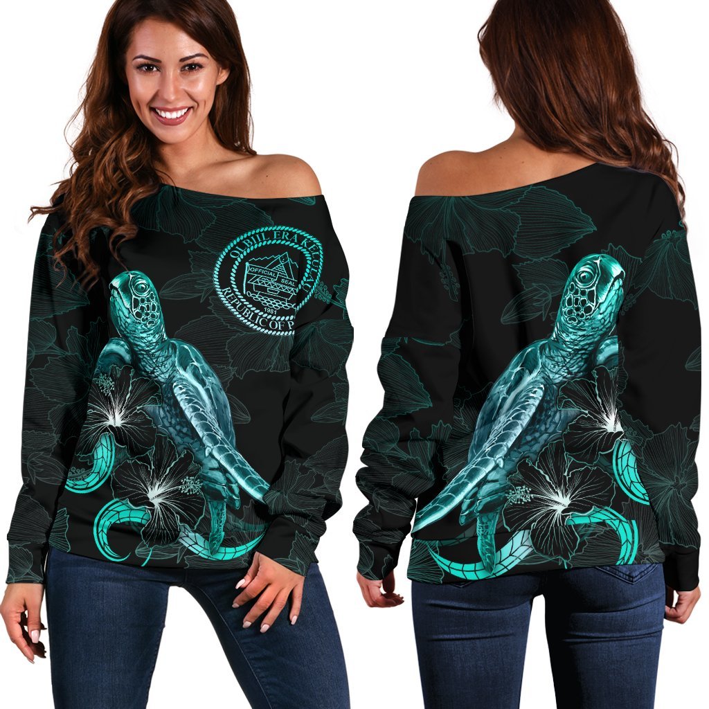 Palau Polynesian Women's Off Shoulder Sweater - Turtle With Blooming Hibiscus Turquoise Turquoise - Polynesian Pride