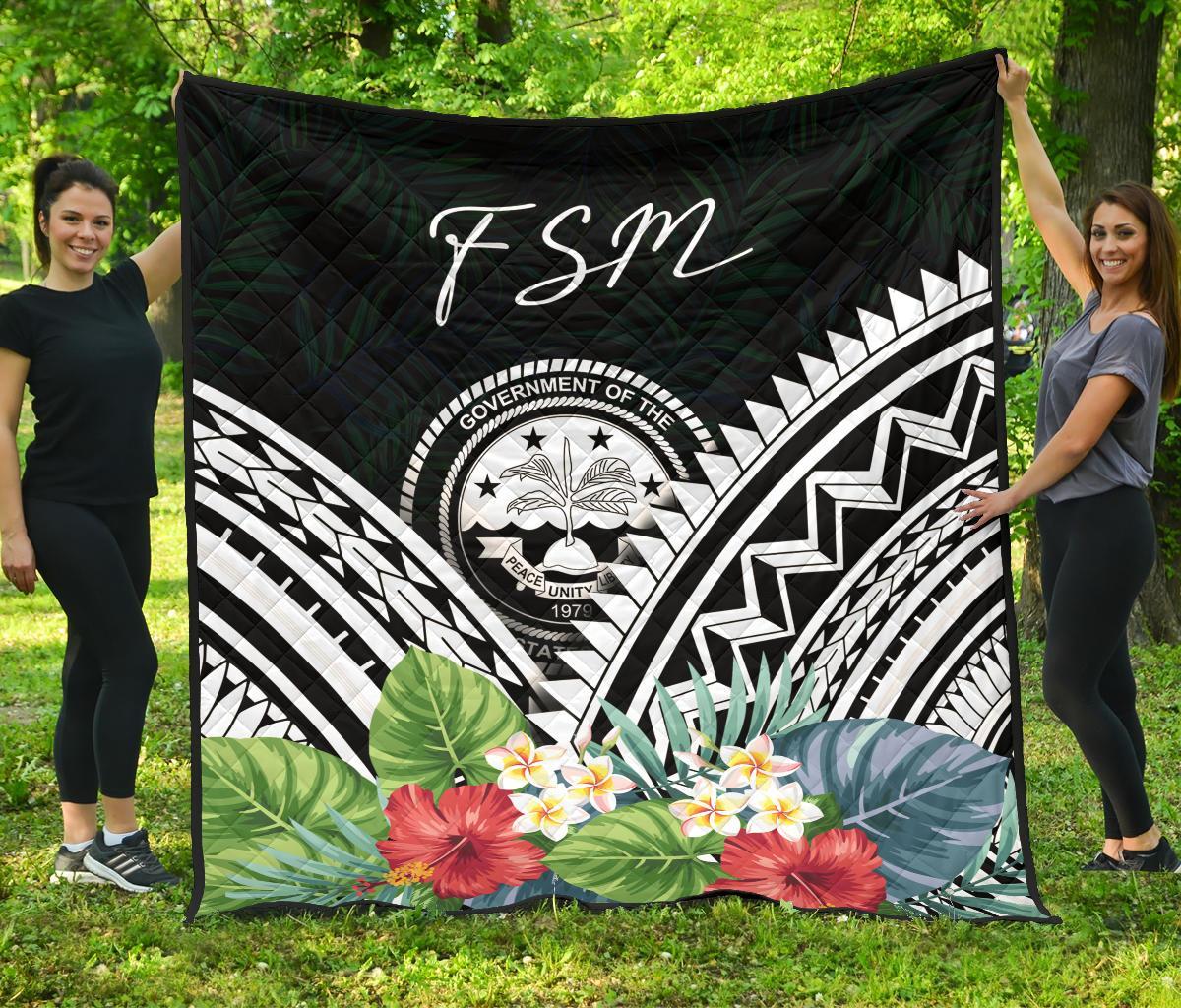 FSM Premium Quilt - FSM Coat of Arms & Polynesian Tropical Flowers White - Polynesian Pride