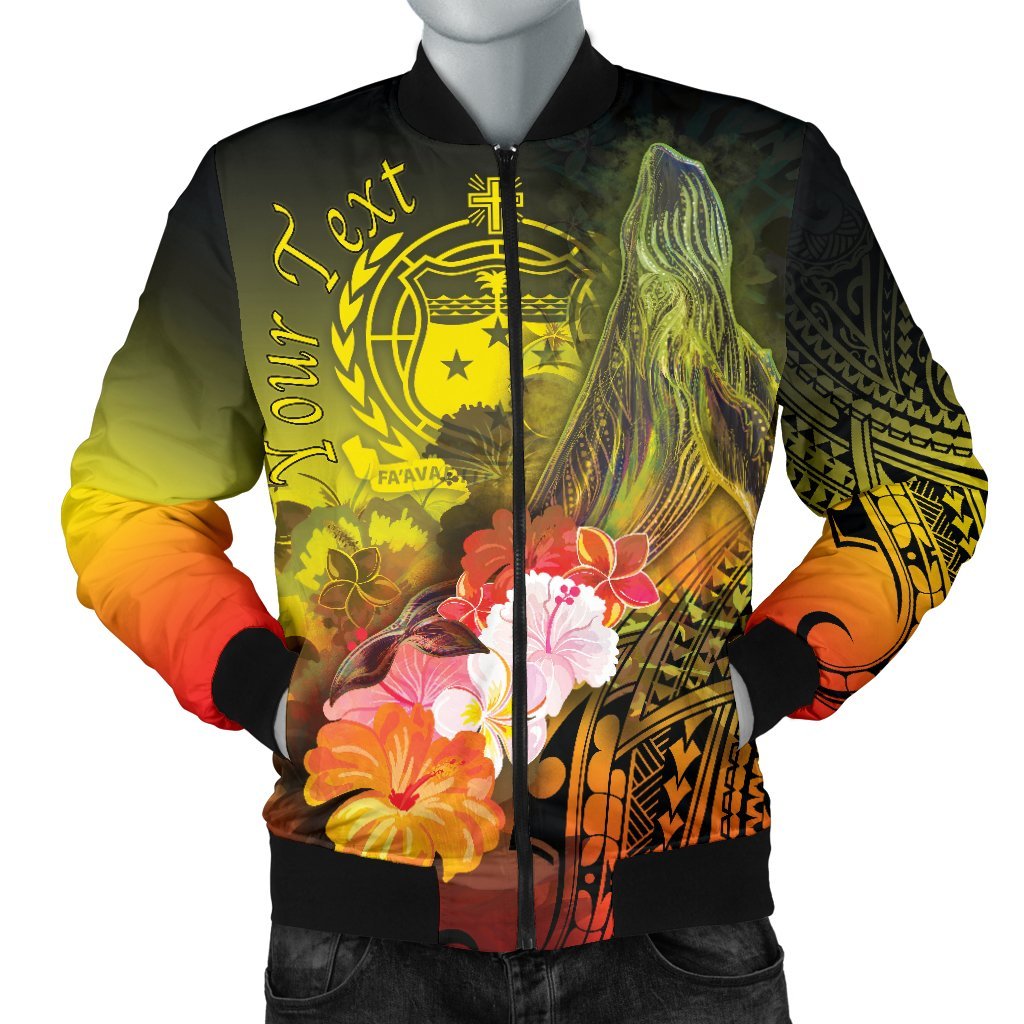 Custom Personalised Samoa Men's Bomber Jacket- Humpback Whale with Tropical Flowers (Yellow) Yellow - Polynesian Pride