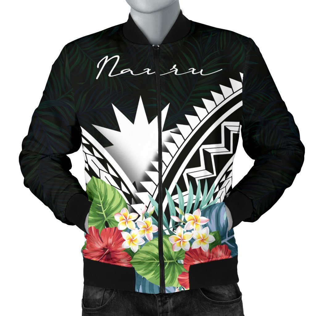 Nauru Men's Bomber Jacket - Nauru Coat of Arms & Polynesian Tropical Flowers White White - Polynesian Pride