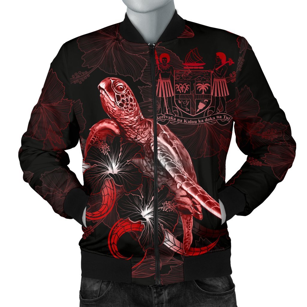 FiJi Polynesian Men's Bomber Jacket - Turtle With Blooming Hibiscus Red Art - Polynesian Pride