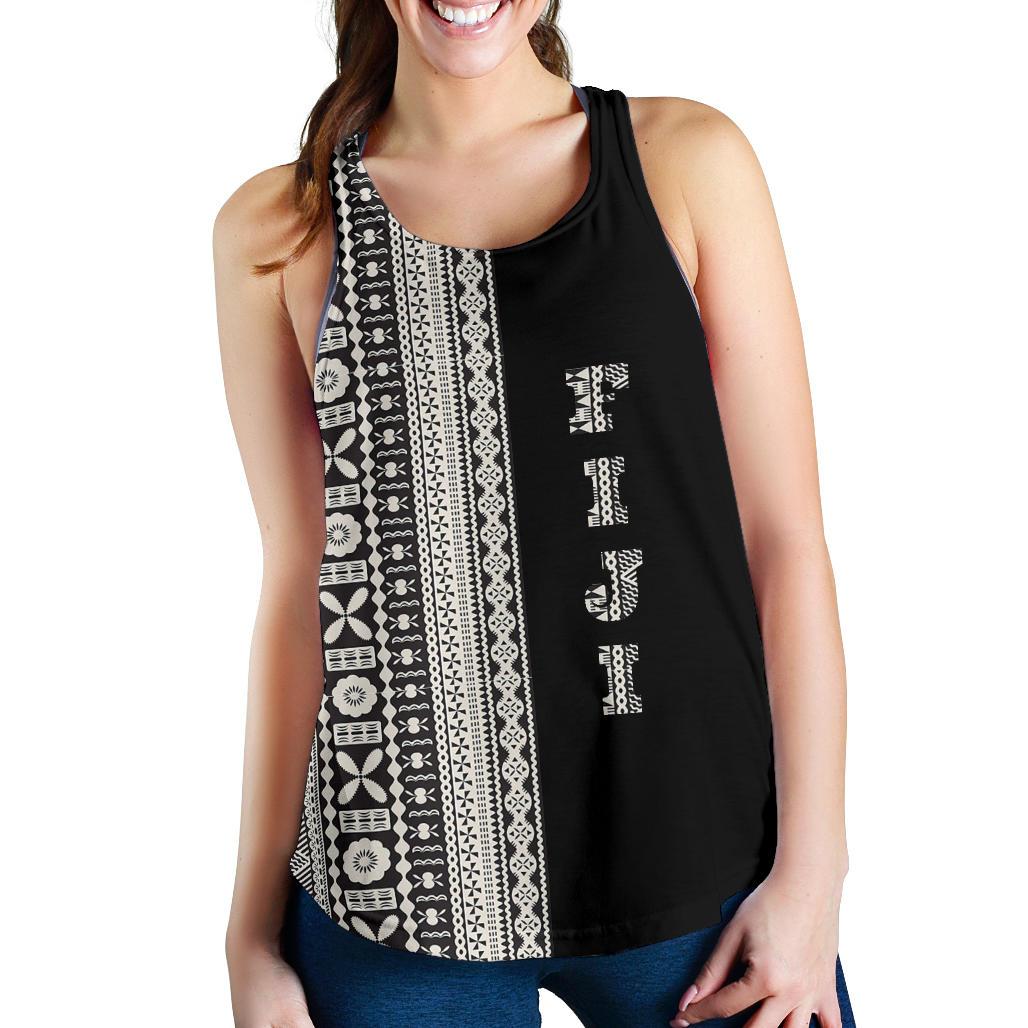 Fiji Women's Racerback Tank Tapa Haft With Coat Of Arms TH1 Black - Polynesian Pride