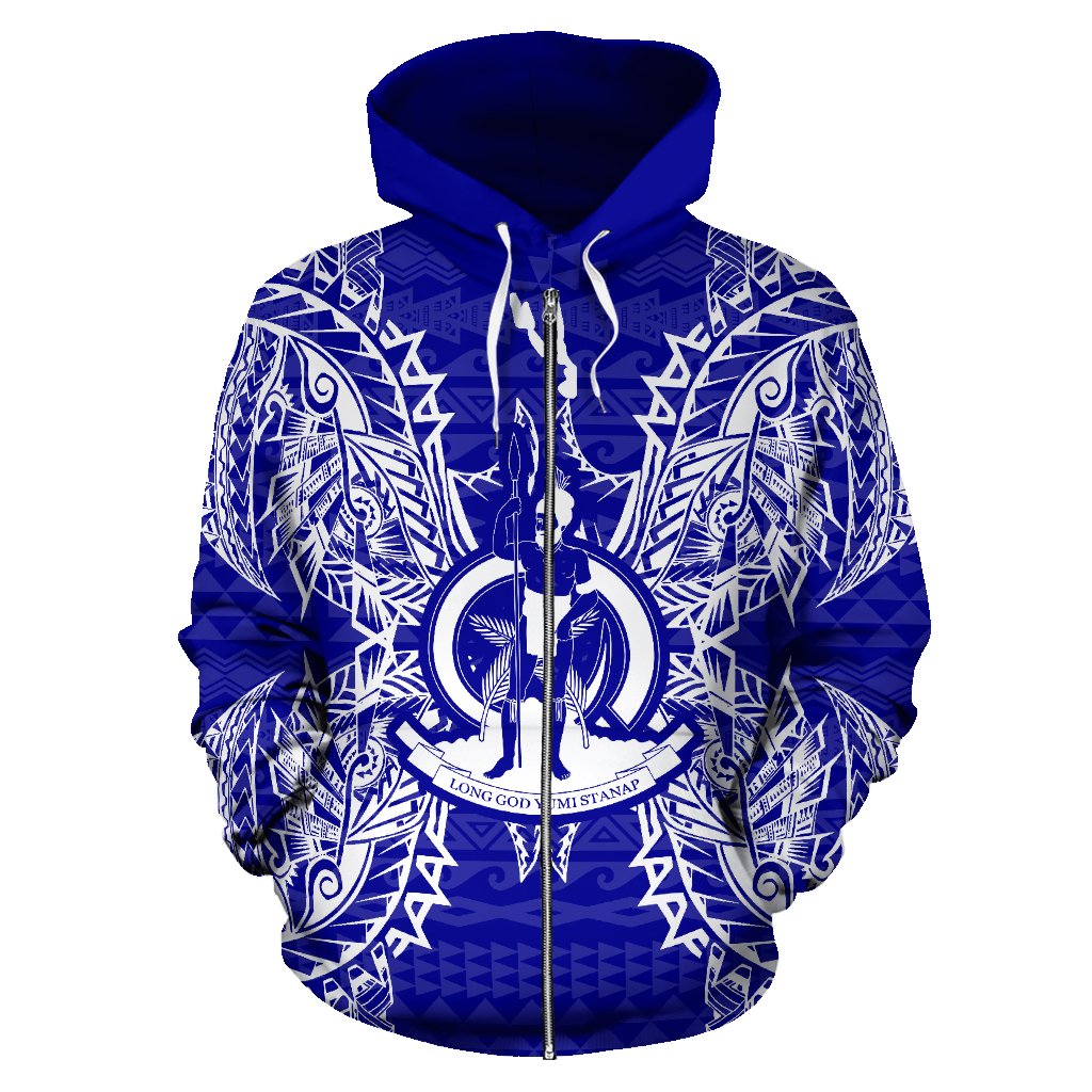 Vanuatu Polynesian All Over Zip up Hoodie Map Blue - Polynesian Pride