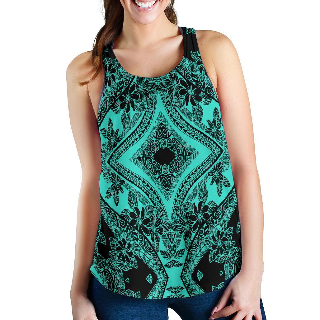 Polynesian Plumeria Mix Turquoise Black Women's Racerback Tank Top Turquoise - Polynesian Pride