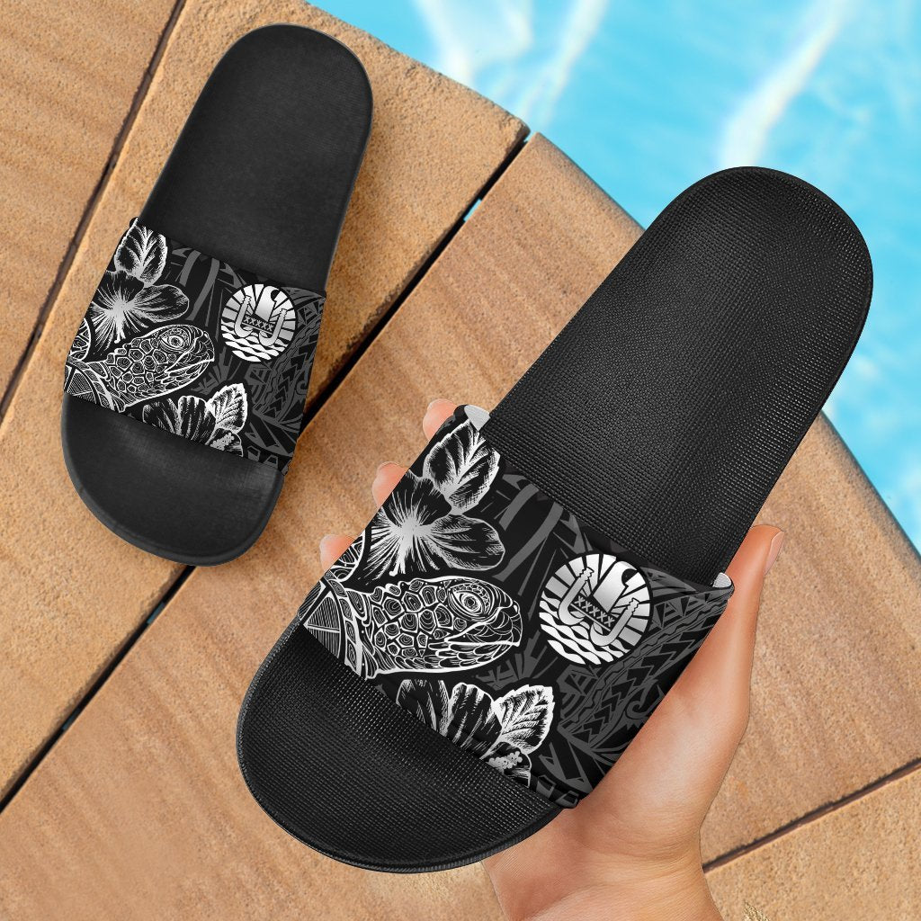 Tahiti Sandals - Turtle Hibiscus Pattern Black Black - Polynesian Pride