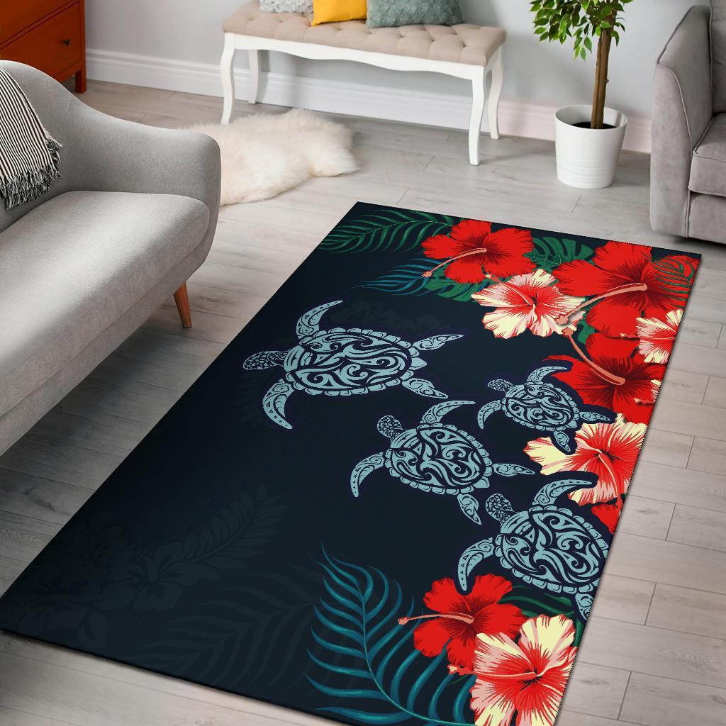 Hibiscus And Turtle Skillful Area Rug AH Black - Polynesian Pride