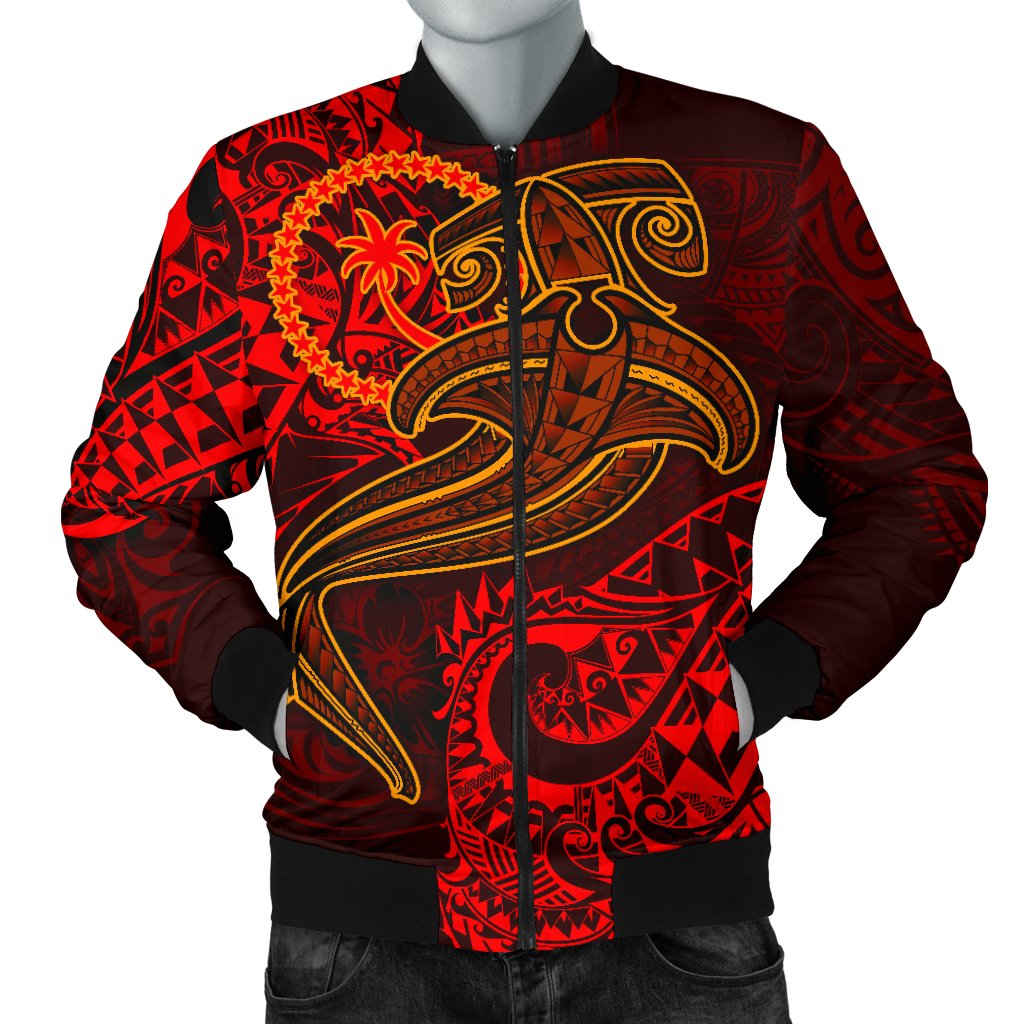 Chuuk Men's Bomber Jacket - Red Shark Polynesian Tattoo Red - Polynesian Pride