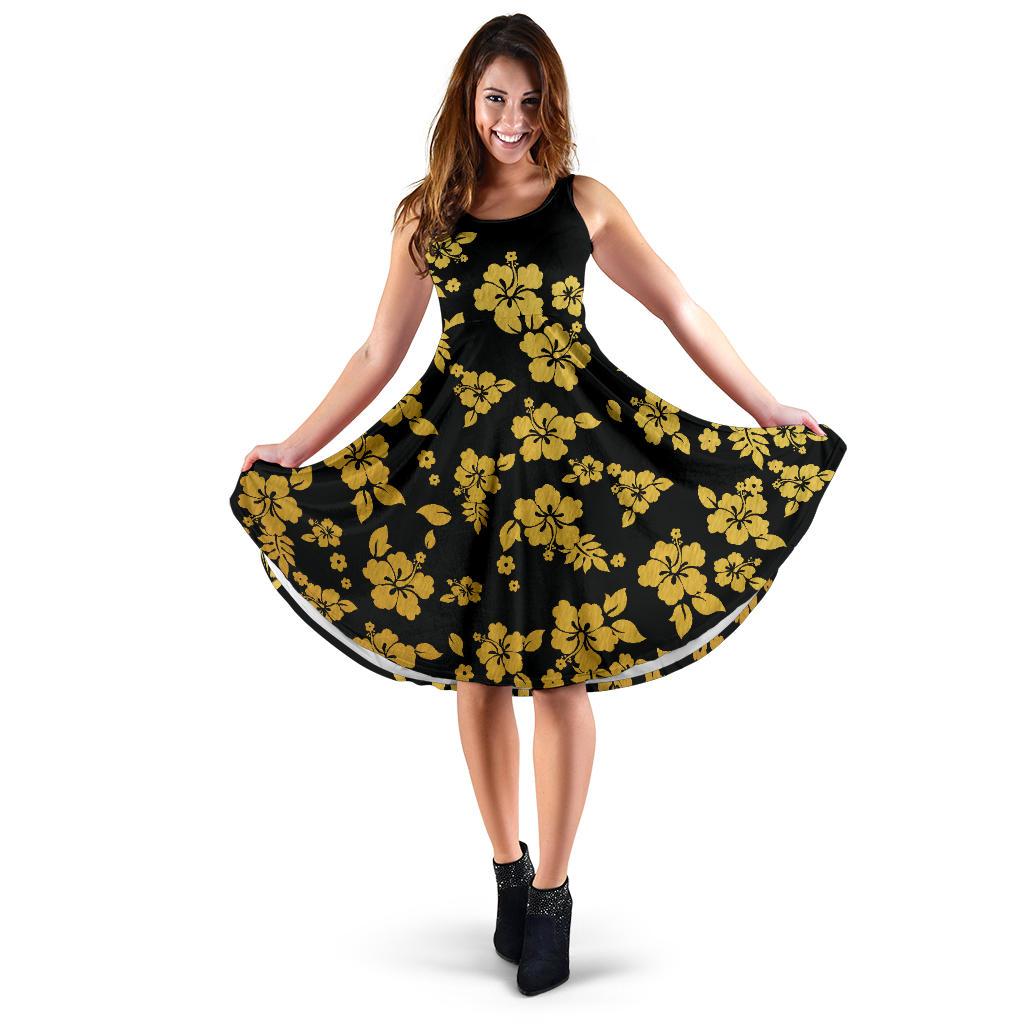 Polynesian Midi Dress - Black Gold Hibiscus Women Black - Gold - Polynesian Pride