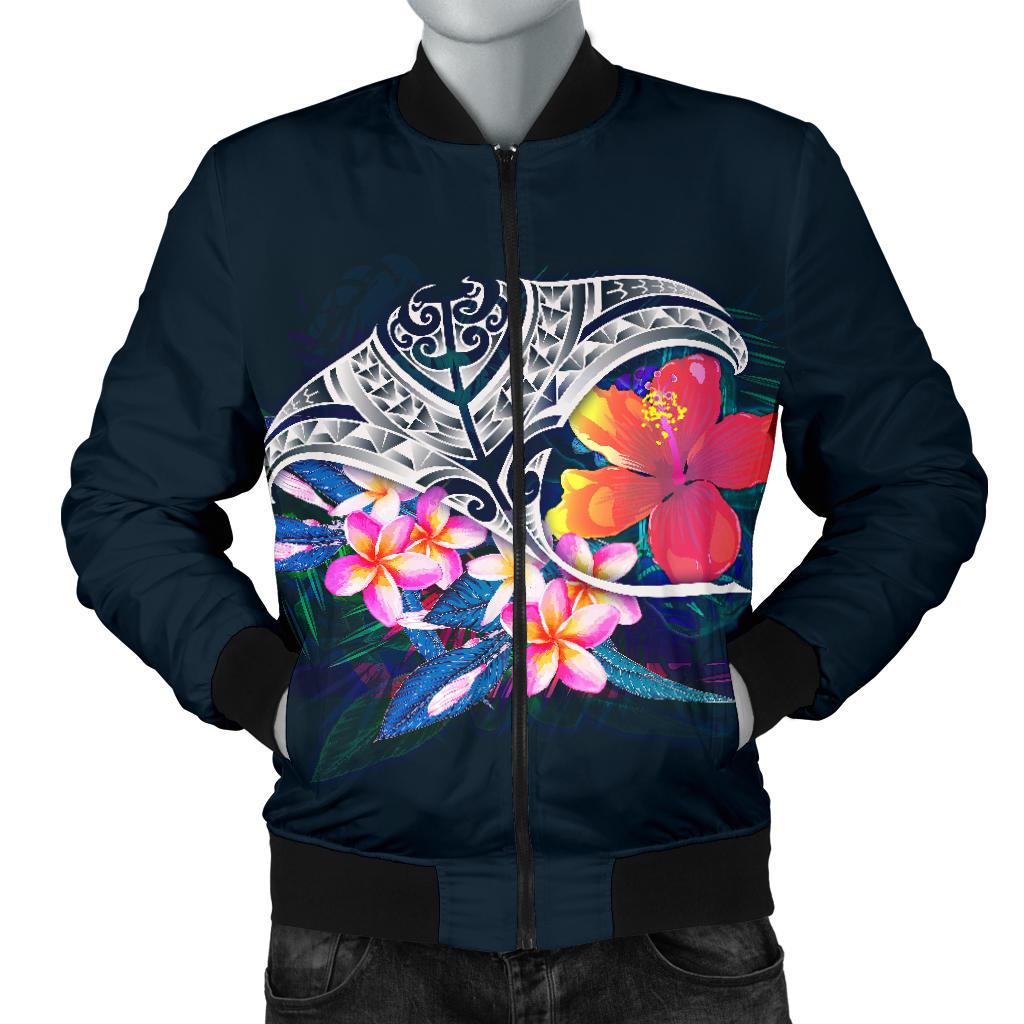 Polynesian Men's Bomber Jacket - Manta Ray And Hibiscus Blue - Polynesian Pride