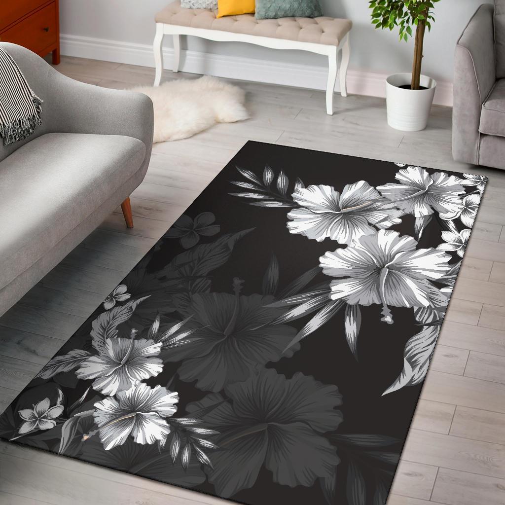 Hibiscus And Plumeria B&W Area Rug AH Black - Polynesian Pride