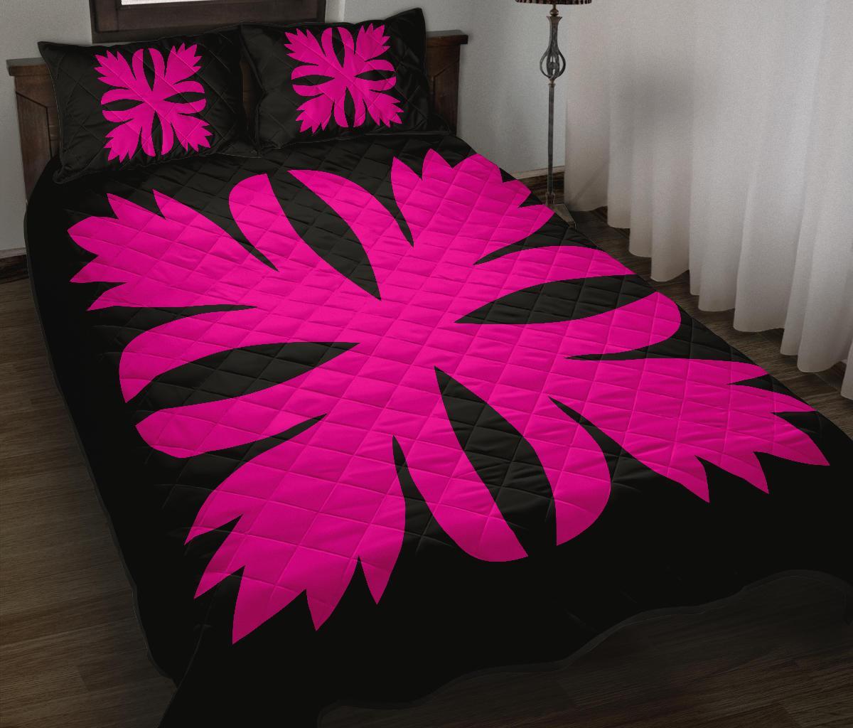 Hawaiian Royal Pattern Quilt Bed Set - Black And Pink - C3 Style Art - Polynesian Pride