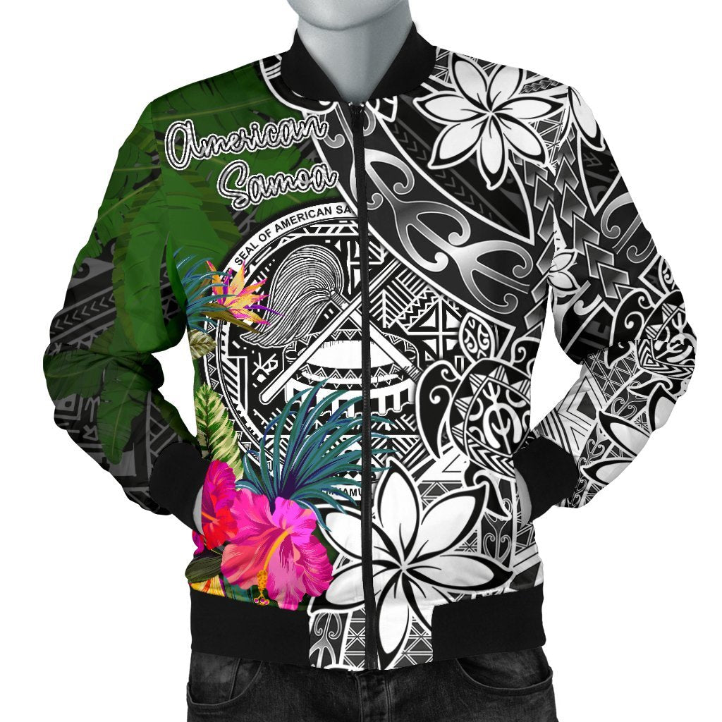 American Samoa Men Bomber Jacket - Turtle Plumeria Banana Leaf Black - Polynesian Pride