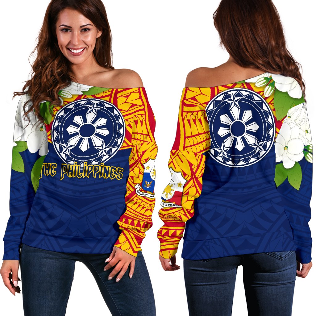 The Philippines Women's Off Shoulder Sweater - Filipino Sampaguita Blue - Polynesian Pride