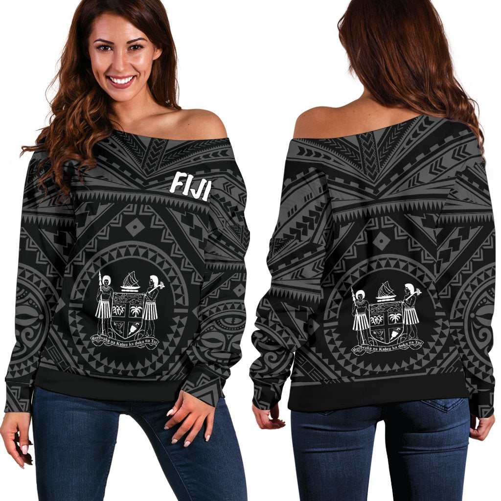 Fiji Women's Off Shoulder Off Shoulder - Fiji Seal With Polynesian Tattoo Style (Black) - Polynesian Pride