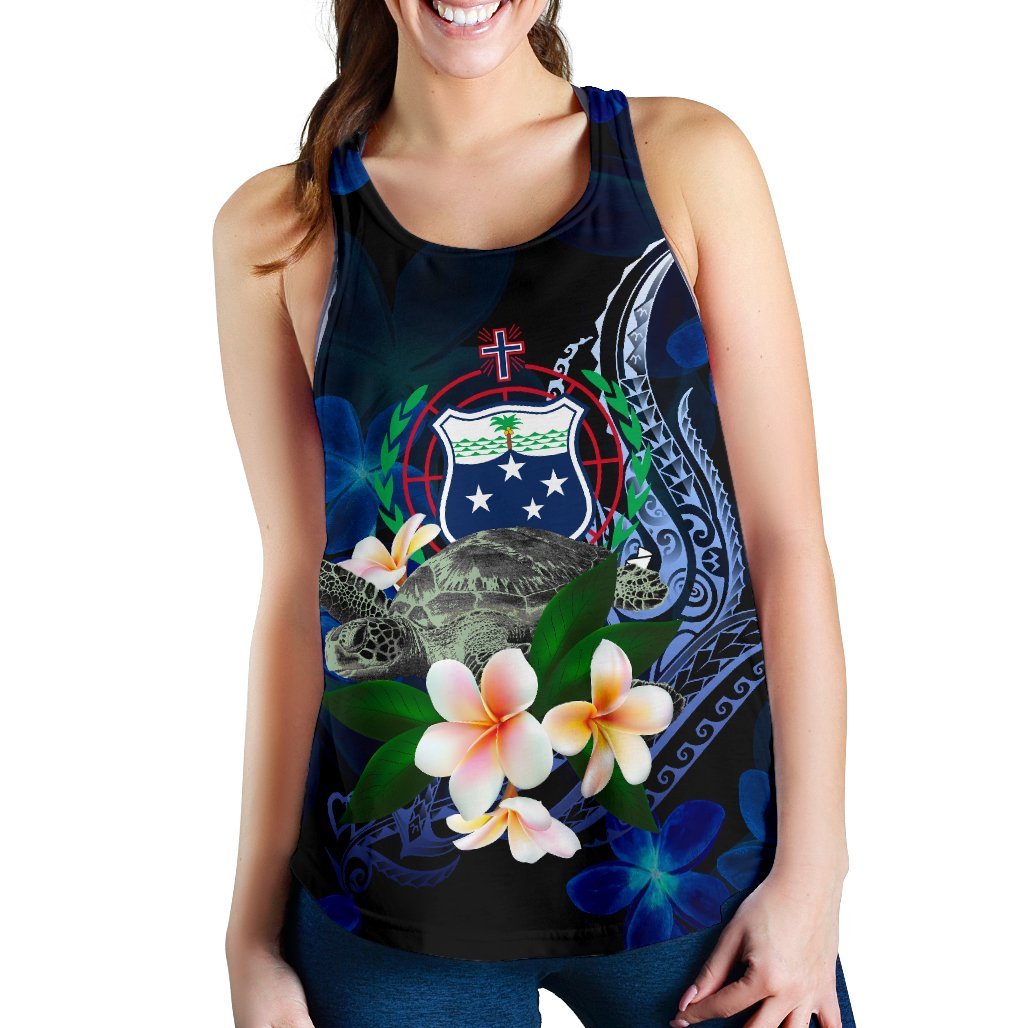 Samoa Polynesian Women's Racerback Tank - Turtle With Plumeria Flowers Blue - Polynesian Pride