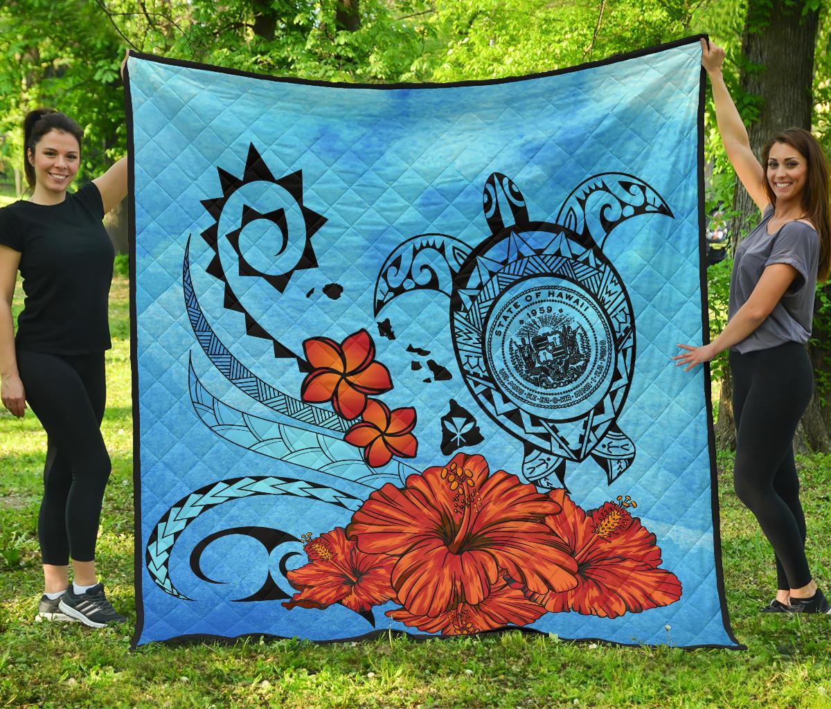 Hawaiian Map Kanaka Sea Turtle Seal Of Hawaii Hibiscus Plumeria Polynesian Quilt Art - Polynesian Pride