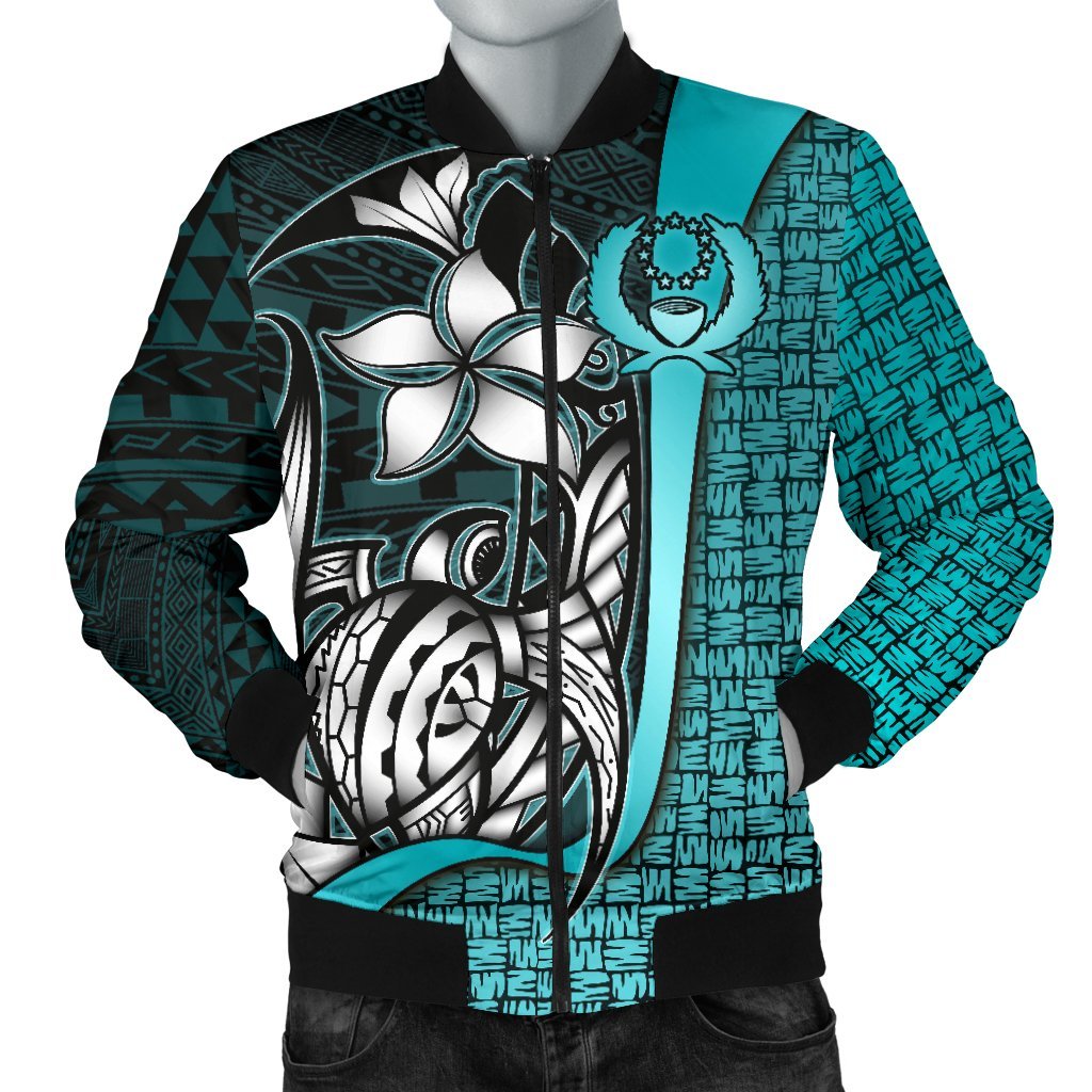 Pohnpei Micronesia Men's Bomber Jackets Turquoise - Turtle With Hook Turquoise - Polynesian Pride