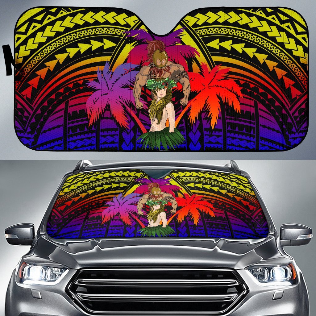 Hawaii Polynesian Warrior Hula Girl Car Sun Shade Auto Sun Shade Universal Fit Black - Polynesian Pride