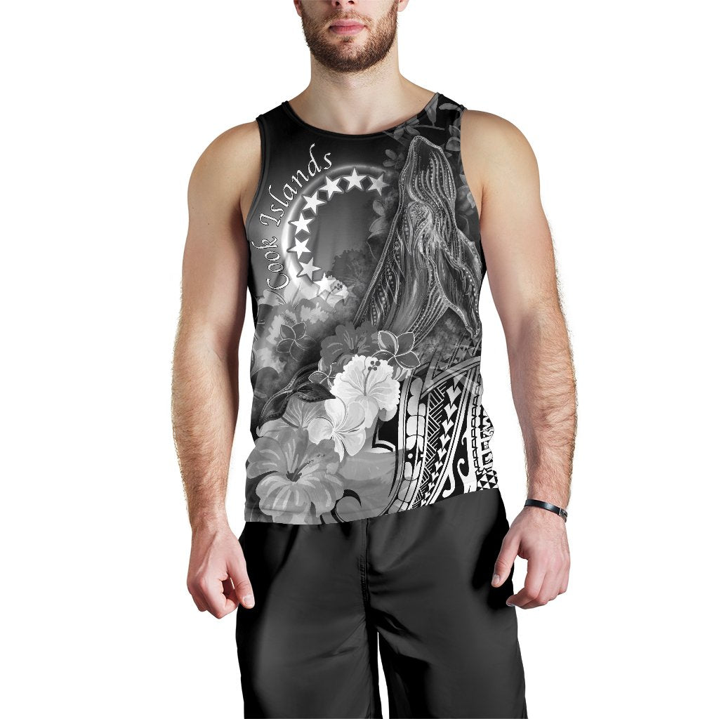 Cook Islands Men's Tank Top - Humpback Whale with Tropical Flowers (White) - Polynesian Pride
