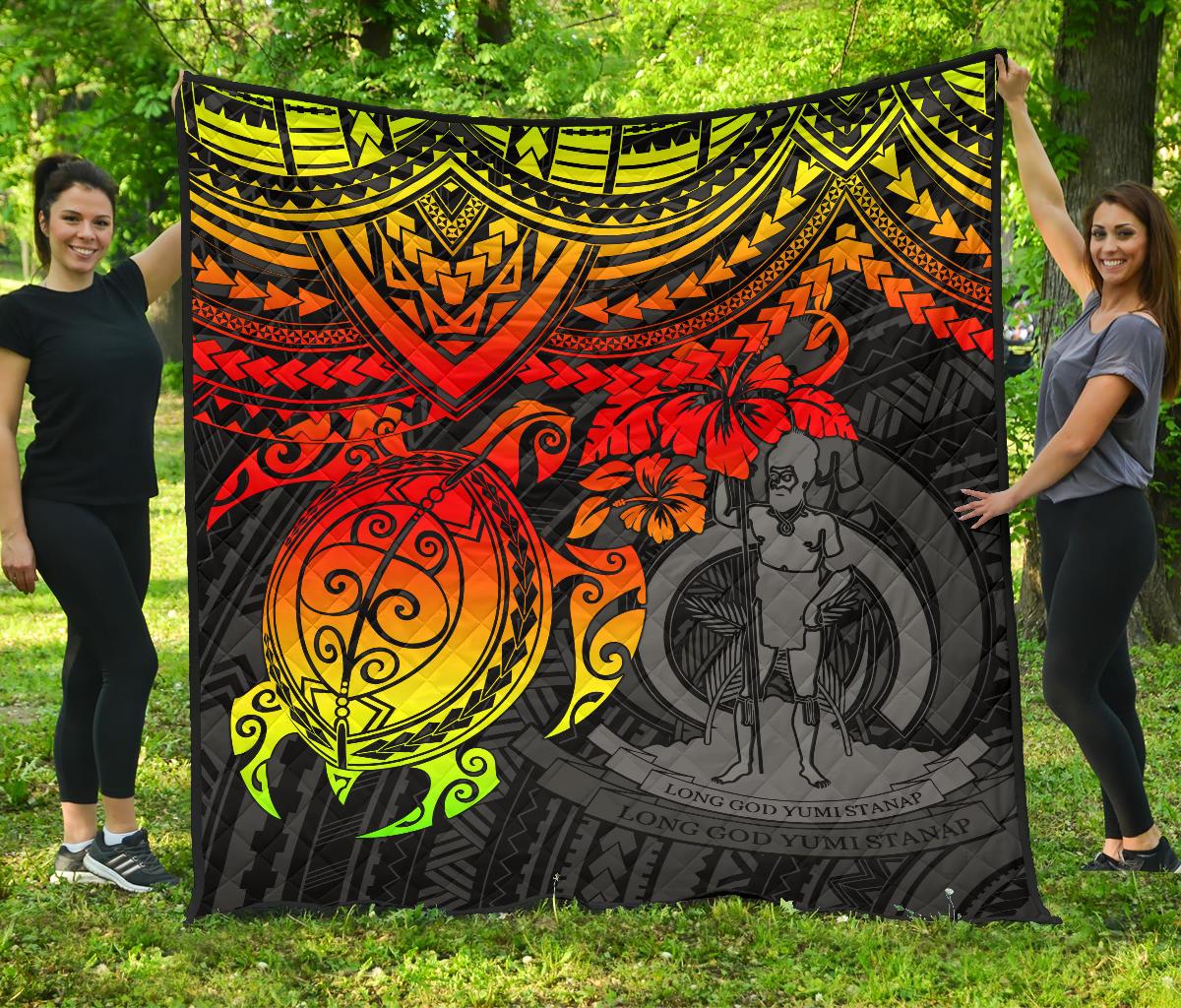 Vanuatu Polynesian Premium Quilt - Vanuatu Coat Of Arms & Reggae Turtle Hibiscus RED - Polynesian Pride