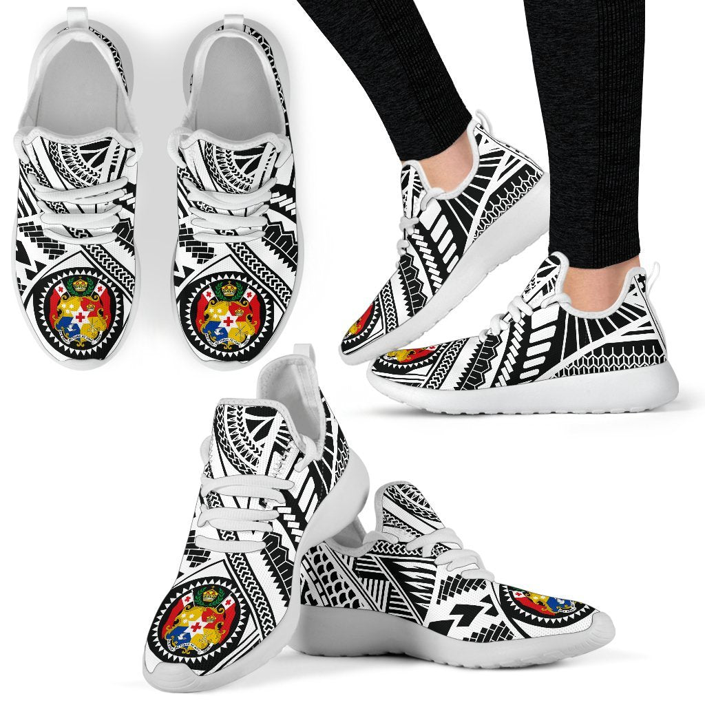 Tonga Polynesian Tattoo Mesh Knit Sneakers White Black White - Polynesian Pride