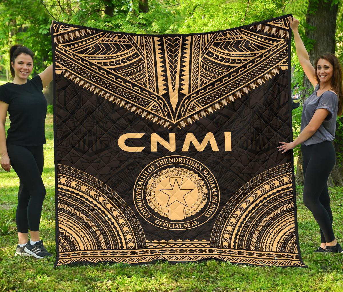 Northern Mariana Islands Premium Quilt - CNMI Seal Polynesian Chief Gold Version Gold - Polynesian Pride