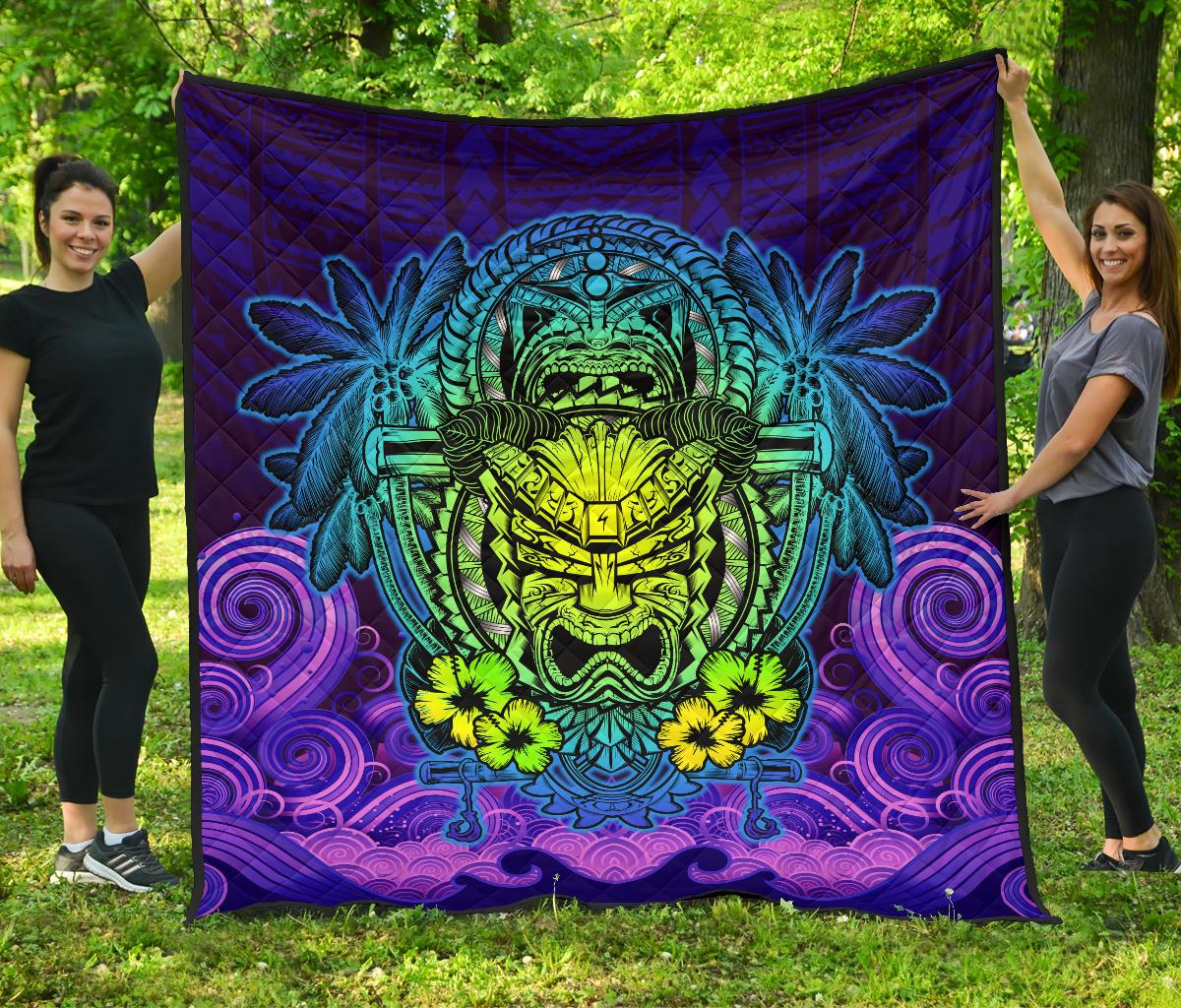 Hawaii Polynesian Premium Quilt - Hawaiian Green Yellow Tiki Face (Purple) - Polynesian Pride