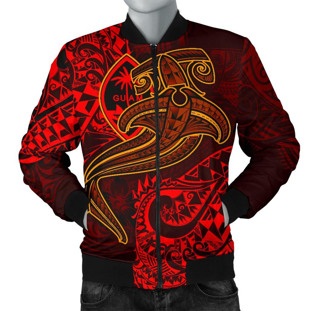 Guam Polynesian Men's Bomber Jacket - Red Shark Polynesian Tattoo Red - Polynesian Pride