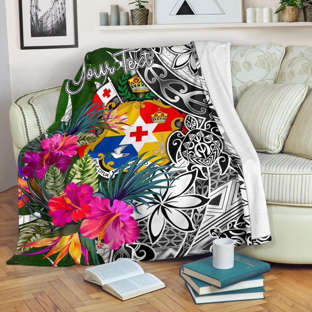 Tonga Custom Personalised Premium Blanket White - Turtle Plumeria Banana Leaf - Polynesian Pride