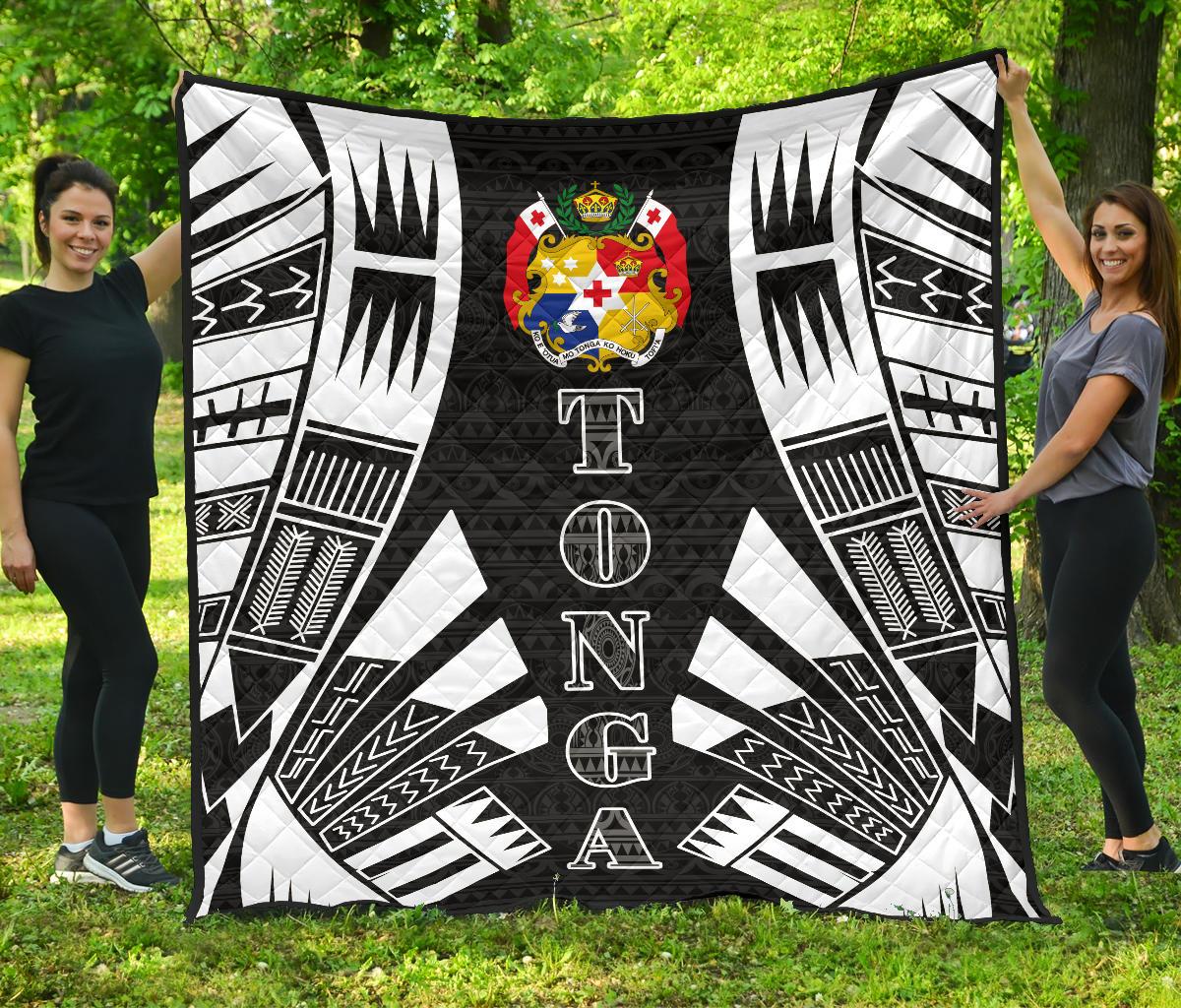 Tonga Premium Quilt - Tonga Coat Of Arms Polynesian White Tattoo (Black) Black - Polynesian Pride