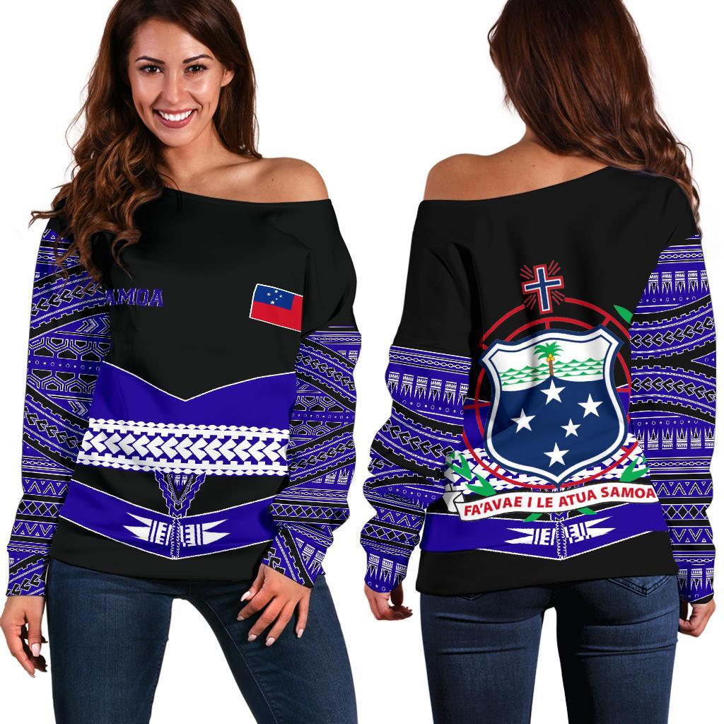 Samoa Polynesian Women's Off Shoulder Sweater Coat Of Arms Th5 Black - Polynesian Pride