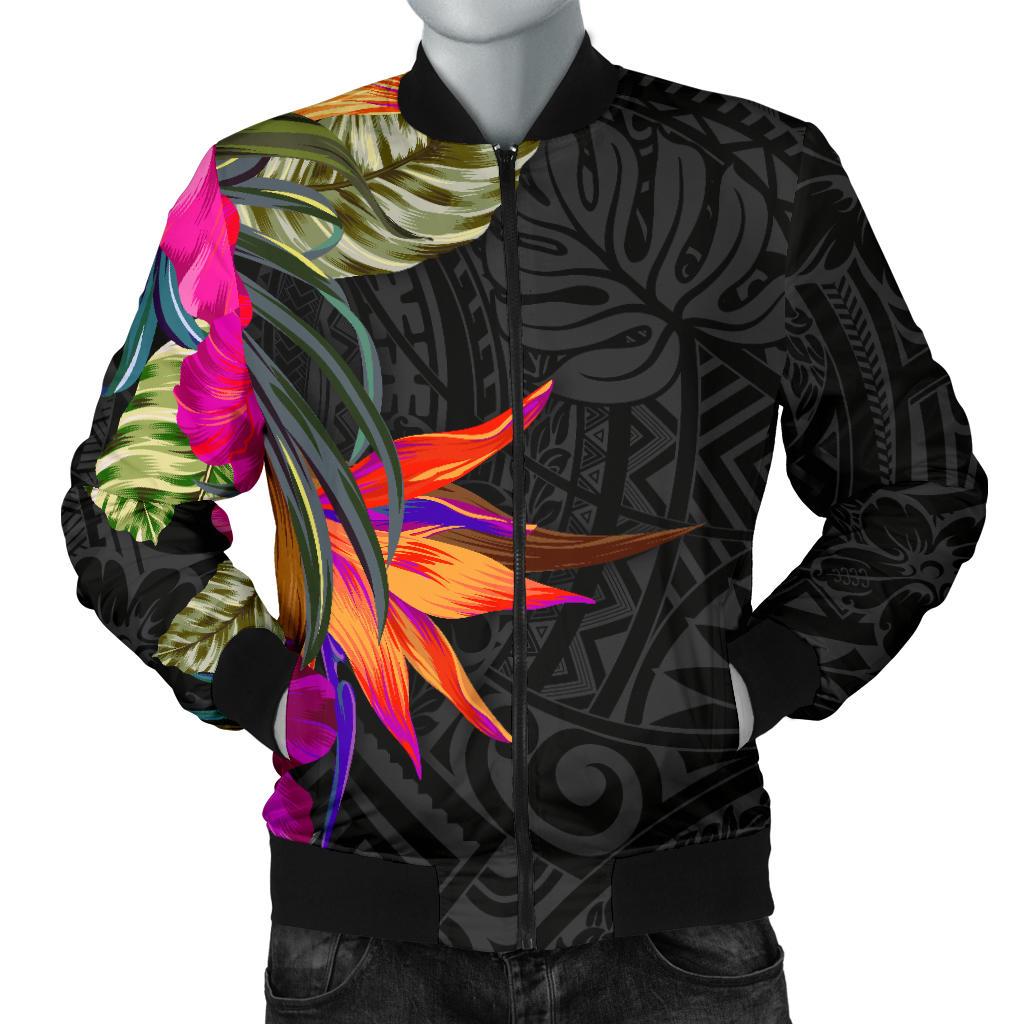 Polynesian Men's Bomber Jacket - Hibiscus Pattern Black - Polynesian Pride