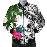 Nauru Men's Bomber Jacket White - Turtle Plumeria Banana Leaf White - Polynesian Pride