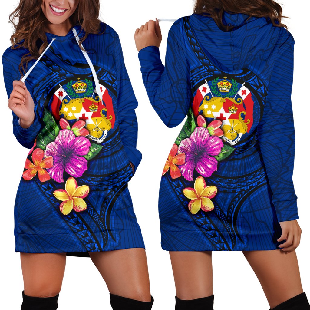 Tonga Polynesian Women's Hoodie Dress - Floral With Seal Blue Women Blue - Polynesian Pride