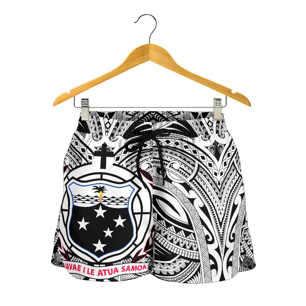 Samoa All Over Print Women's Shorts - Samoa Coat Of Arm, Polynesian Tattoo White And Black Women White - Polynesian Pride