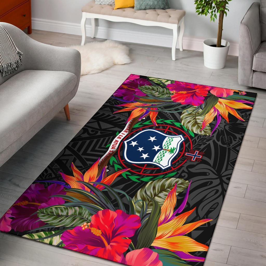 Samoa Area Rugs Hibiscus Polynesian Pattern Black - Polynesian Pride