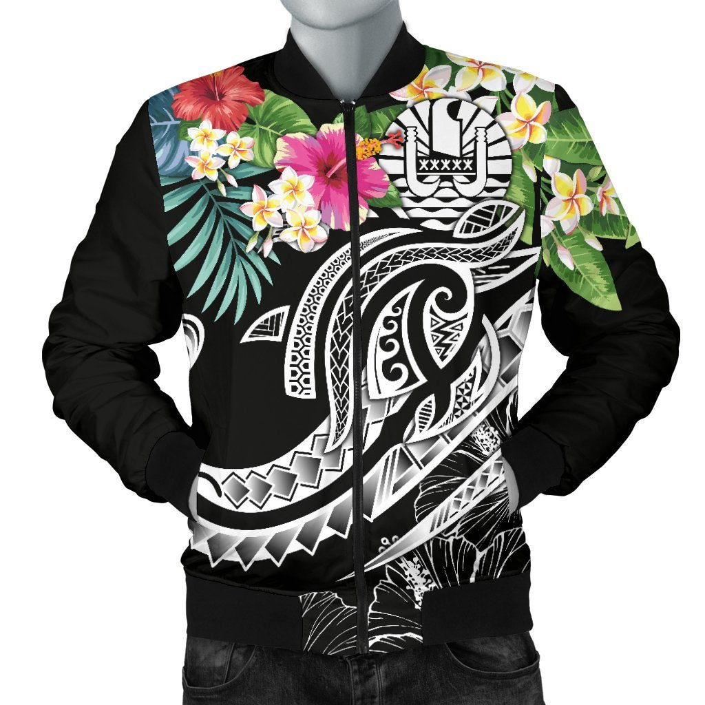 Tahiti Polynesian Men's Bomber Jacket - Summer Plumeria (Black) Black - Polynesian Pride