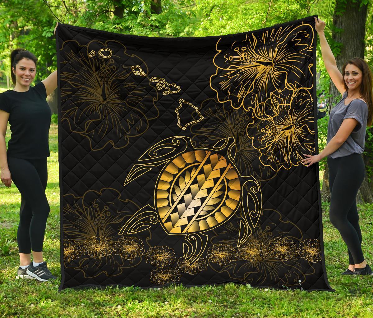 Hawaiian Turtle Hibiscus - Premium Quilt - Flora Style Black - Polynesian Pride