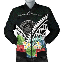 Palau Men's Bomber Jacket - Palau Caledonia Coat of Arms & Polynesian Tropical Flowers White White - Polynesian Pride