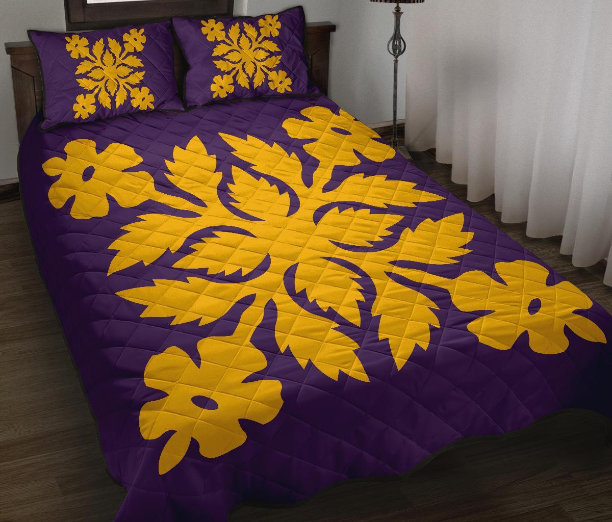 Hawaiian Quilt Bed Set Royal Pattern - Purple And Gold - B2 Style Art - Polynesian Pride
