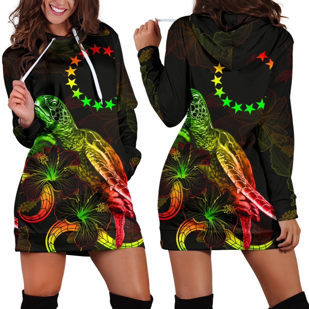 Cook Islands Polynesian Hoodie Dress - Turtle With Blooming Hibiscus Reggae Reggae - Polynesian Pride