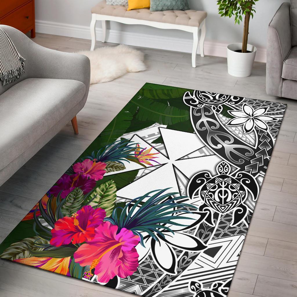 Wallis And Futuna Area Rug White - Turtle Plumeria Banana Leaf - Polynesian Pride