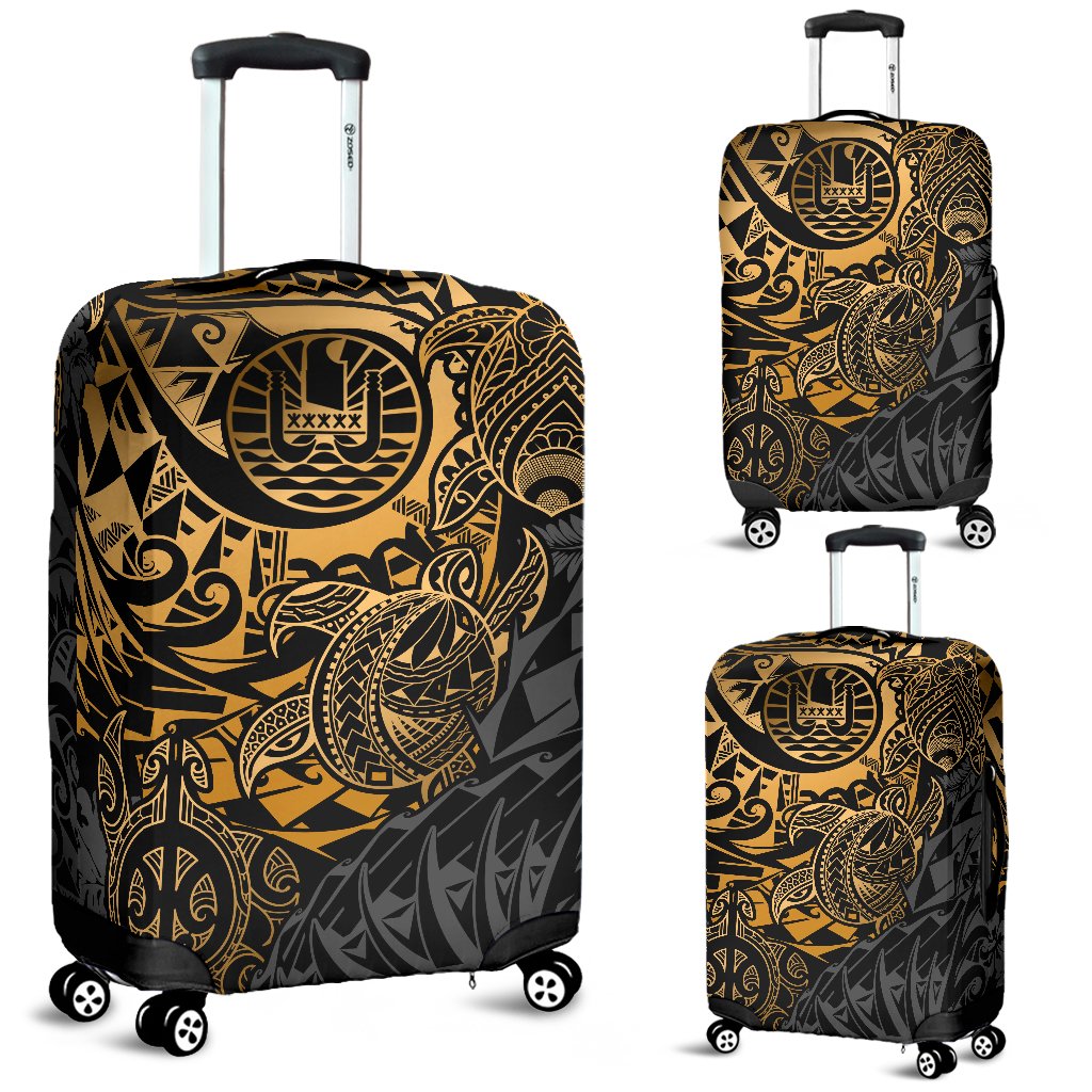 Tahiti Polynesian Luggage Cover - Gold Turtle Hibiscus Flowing GOLD - Polynesian Pride