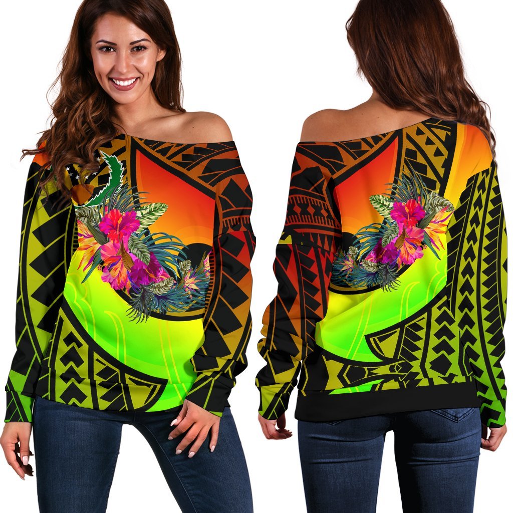 Pohnpei Women's Off Shoulder Sweater - Polynesian Hook And Hibiscus (Raggae) - Polynesian Pride
