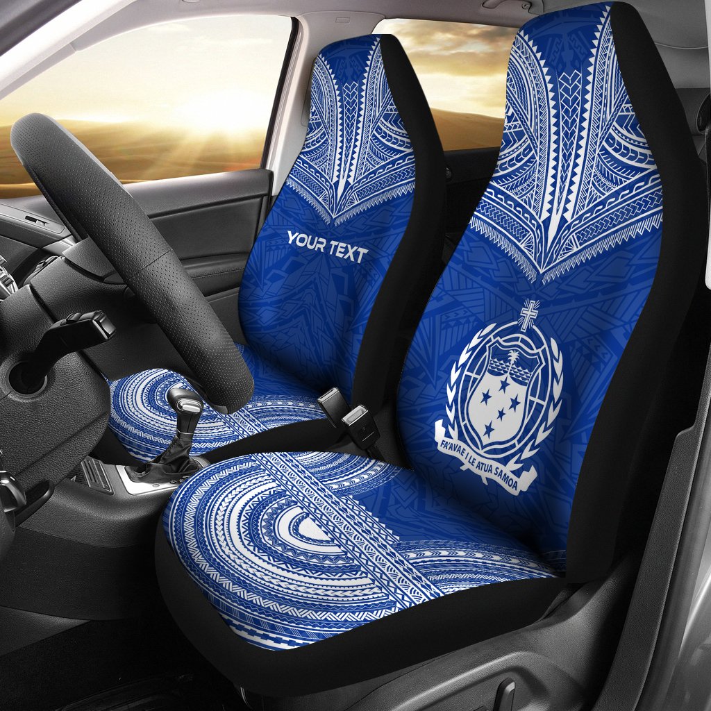 Samoa Custom Personalised Car Seat Cover - Samoa Coat Of Arms Polynesian Chief Tattoo Flag Version Universal Fit Blue - Polynesian Pride