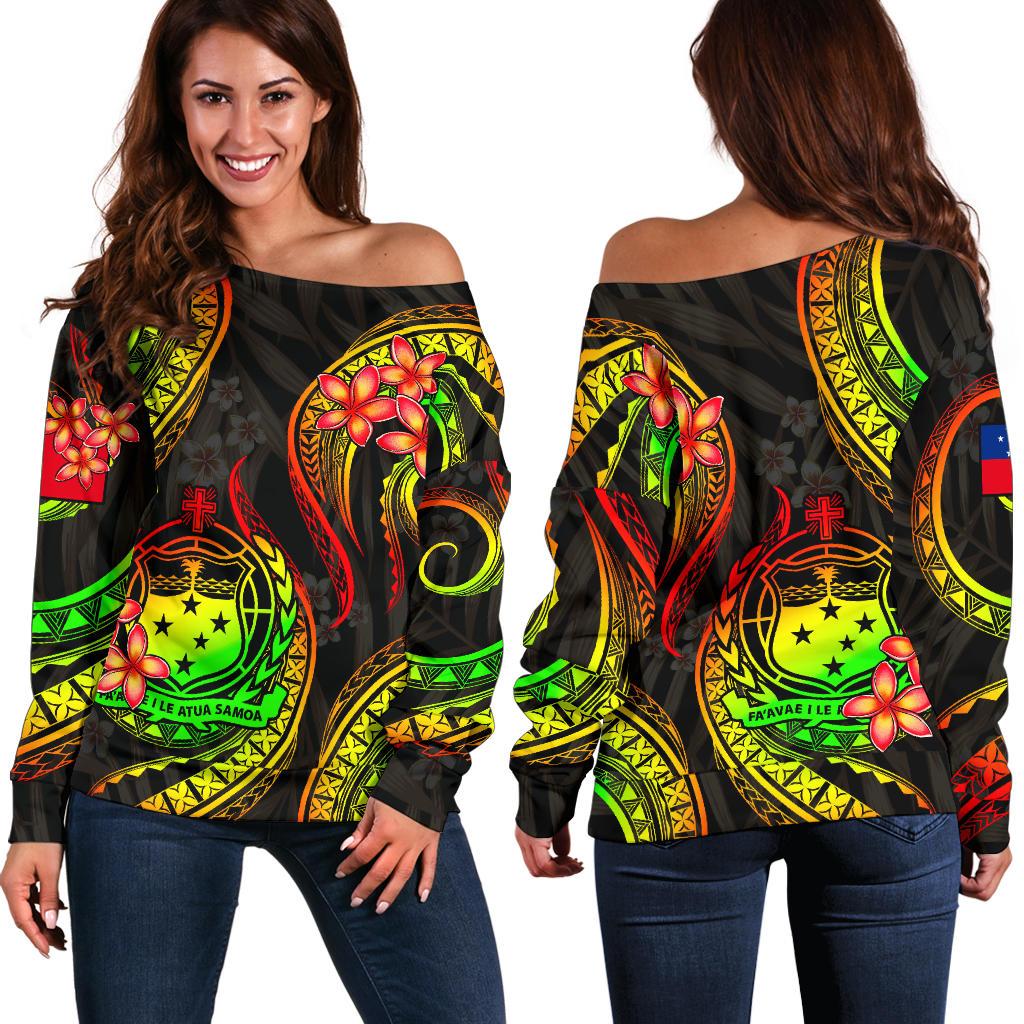 Samoa Polynesian Off Shoulder Sweater - Reggae Plumeria Art - Polynesian Pride