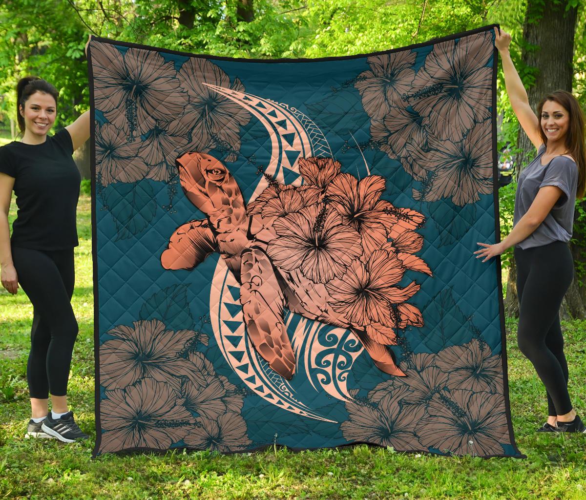 Hawaii Polynesian Turtle Hibiscus Premium Quilt - Orange Orange - Polynesian Pride