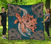 Hawaii Polynesian Turtle Hibiscus Premium Quilt - Orange Orange - Polynesian Pride