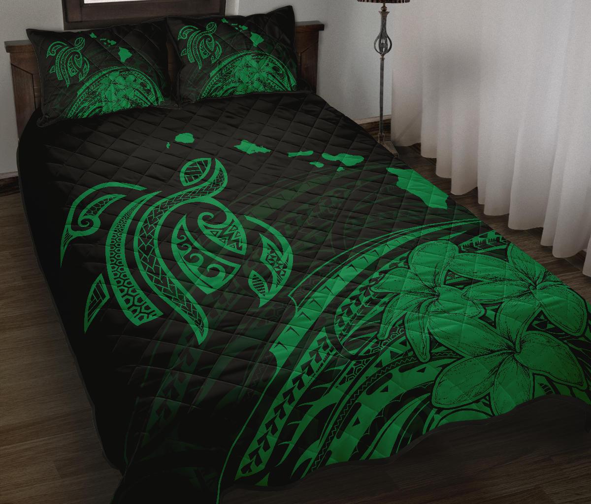 Hawaii Quilt Bed Set - Turtle Polynesian Map Plumeria Green - Polynesian Pride